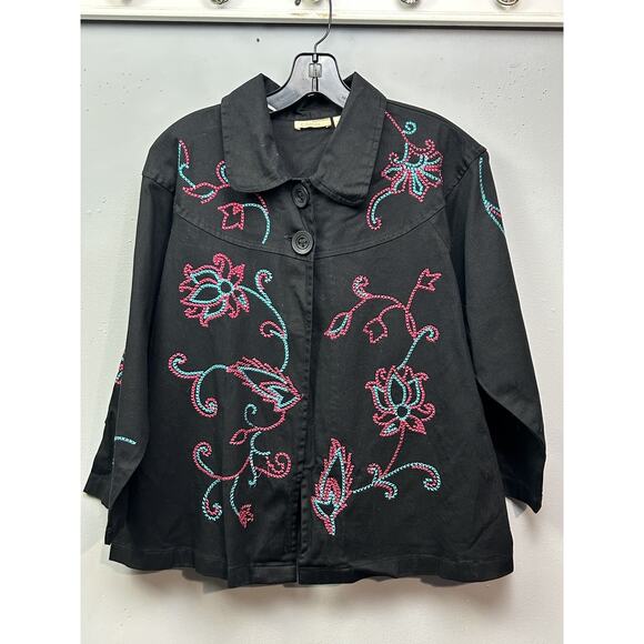 Choices Jacket Womens Large Black Embroidered Floral Button Up Boho India Cotton - Picture 1 of 9